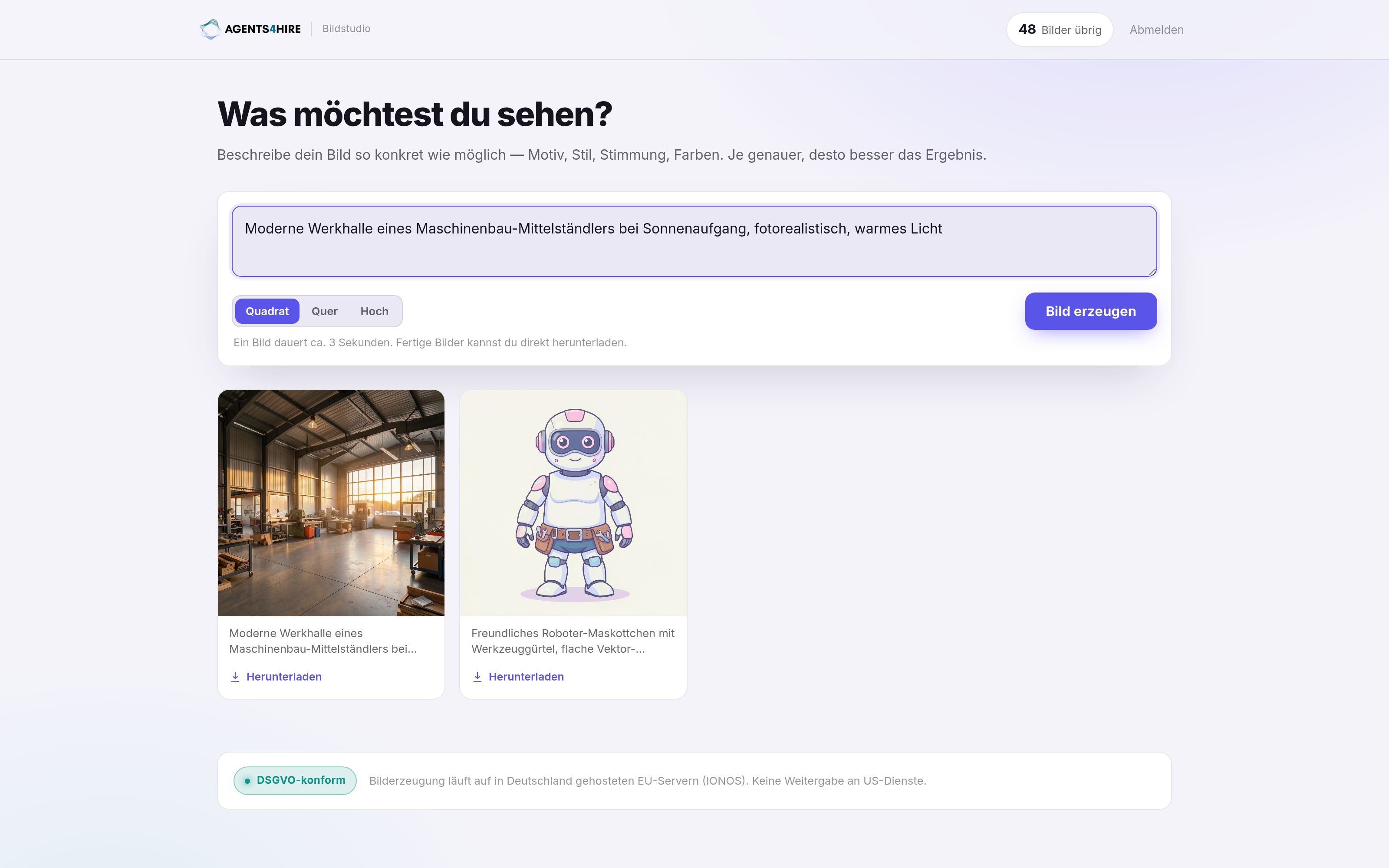 Echter Screenshot: Bildstudio — Marketing-Bilder per KI, EU-gehostet