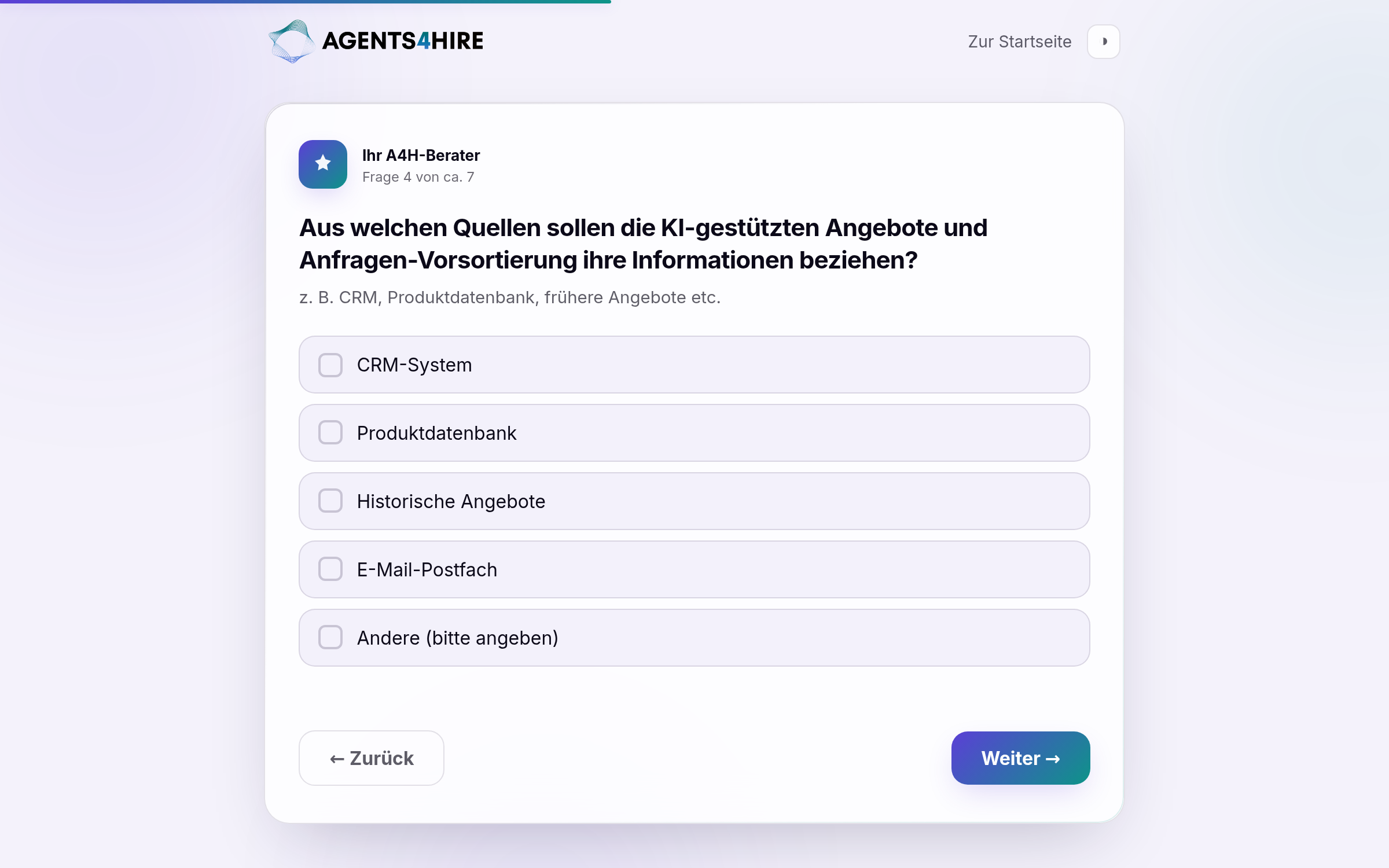 Echter Screenshot: adaptiver Onboarding-Fragebogen, der aus Antworten ein Projekt-Briefing erstellt
